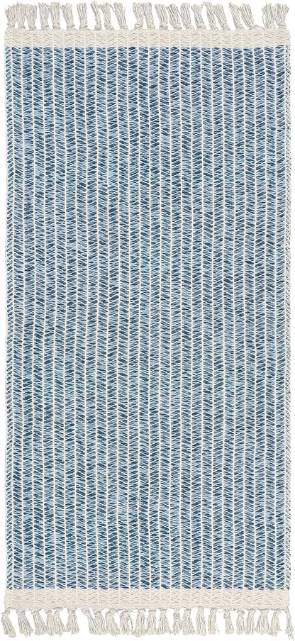 Lahome Boho Laundry Room Rug Runner, 2x4.3 Bathroom Runner Rug Lightweight Kitchen Rugs Woven Cotton Throw Mat with Tassels, Farmhouse Washable Blue Rugs Low Pile for Bedroom Door Mat