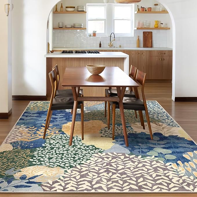 DEXDE Area Rugs for Living Room 4x6.5, Washable Non Slip Boho Rugs Throw Carpet for Bedroom Bedside Dorm Dining Room Indoor Soft Floral Home Decor, Blue