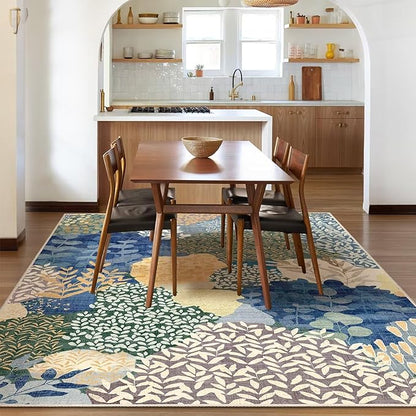 DEXDE Area Rugs for Living Room 4x6.5, Washable Non Slip Boho Rugs Throw Carpet for Bedroom Bedside Dorm Dining Room Indoor Soft Floral Home Decor, Blue