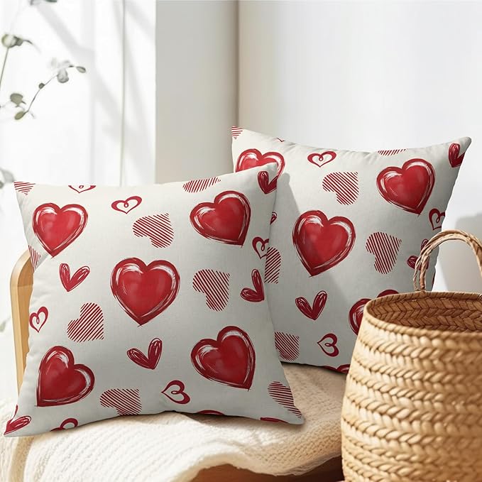 Valentines Day Pillow Covers 16x16 Set of 2 Beige Red Heart Throw Pillow Covers Love Pillowcase Linen Decoration Farmhouse Holiday Cozy Soft Cushion Case Couch for Indoor Outdoor Home Decor