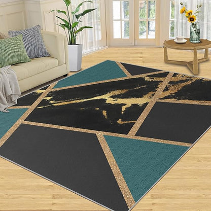 Black Gold Marble Area Rugs Emerald Green Abstract Marble Carpet Medieval Geometry Area Rug Indoor Non-Slip Carpet Golden Geometric Lines Rugs for Bedroom 4x6ft