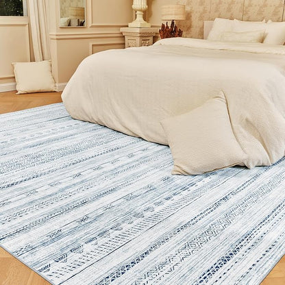 8x10 Area Rugs for Living Room Machine Washable Rug Distressed Indoor Carpet Neutral Moroccan Boho Rug Ultra Soft Area Rug for Bedroom Dining Room Playroom Office, Blue