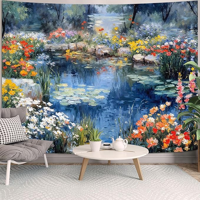 kampdream Scenery Tapestry, Colorful Flower Pond Landscape Wall Hanging, Nature Home Decor for Bedroom and Living Room Aesthetic Wall Art Decoration