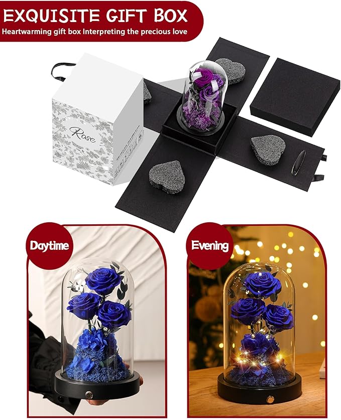 Valentines Day Flowers Roses Gifts for Her,Forever Real Preserved Roses in Glass Dome,Valentines Day Anniversary Birthday Gifts for Wife Girlfriend Women Mom Best Friend Her/Blue Rose
