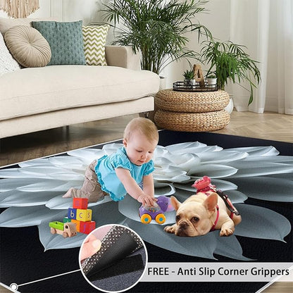 Petals Washable Area Rugs 4x5 Non-Slip Dahlia Living Room Rug White Flower Soft for Carpet Low Pile Indoor Door Mat & Room Decor