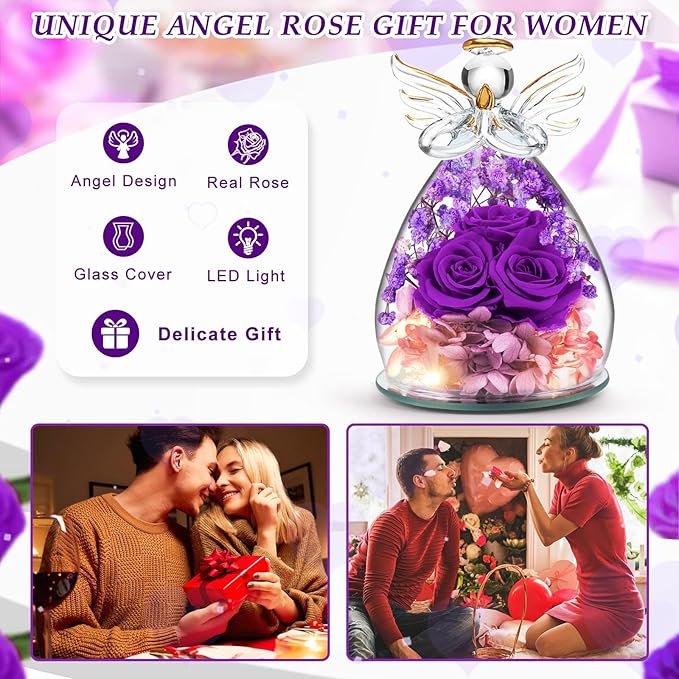 Beferr Valentines Day Rose Gifts for Her Women Mom Gifts for Birthday, Fresh Flowers for Delivery Forever Preserved Rose in Glass Angel Figurine, for Grandma Wife Kids Daughter