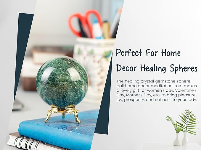 Crocon 35mm Green Aventurine Stone Sphere Ball with Metal Stand 1400+ Carats Gemstone Ball Healing Sphere Sculpture Figurine for Fengshui Divination Home Decoration Photography Crystal Sphere