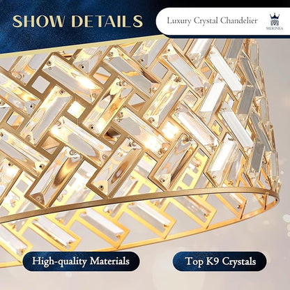 Gold Crystal Chandelier, 18" Modern Drum Ceiling Light Fixture, Luxury 6-Light K9 Crystal Pendant Lighting, Convertible Semi Flush Mount Hanging Light for Dining Room, Living Room, Bedroom, Kitchen