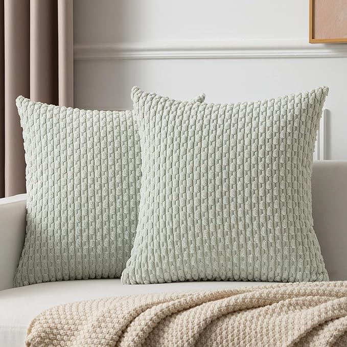 Kevin Textile Pack of 2 Corduroy Decorative Throw Pillow Covers 22x22 Inch Spring Soft Boho Striped Pillow Covers Modern Farmhouse Home Decor for Spring Sofa Living Room Couch Bed Light Green