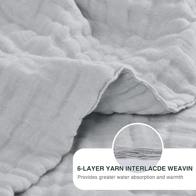 Love's cabin 6 Layer 100% Cotton Muslin Blanket, 90"x90" Muslin Blanket Queen for Couch Bed, Lightweight and Breathable Cotton Gauze for Adult, Light Grey
