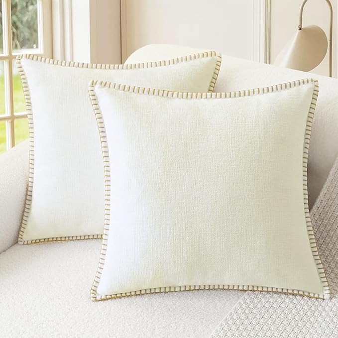 CaliTime Throw Pillow Covers Decorative 26 X 26 Inches Pack of 2 Cotton Thread Stitching Edges Solid Dyed Soft Chenille Cushion Cases for Couch Sofa Bed Living Room Farmhouse Cream
