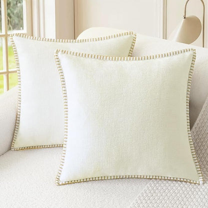 CaliTime Throw Pillow Covers Decorative 20 X 20 Inches Pack of 2 Cotton Thread Stitching Edges Solid Dyed Soft Chenille Cushion Cases for Couch Sofa Bed Living Room Farmhouse Cream