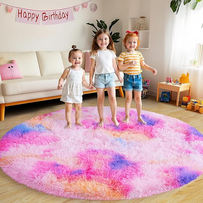 Round Fluffy Rugs 5Ft for Girls Bedroom, Dark Rainbow Shag Circle Kids Rug Non-Slip for Bedside Dorm Nursery Playroom, Soft Cute Area Rugs for Living Room Decor