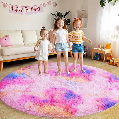 Round Fluffy Rugs 5Ft for Girls Bedroom, Dark Rainbow Shag Circle Kids Rug Non-Slip for Bedside Dorm Nursery Playroom, Soft Cute Area Rugs for Living Room Decor