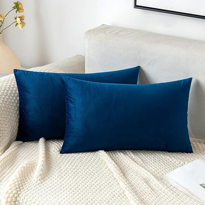 EMEMA Pack of 2 Velvet Throw Pillow Covers Decorative Rectangle Pillowcase Soft Solid Cushion Case for Sofa Bedroom Chair Car 12x20 Inch Dark Blue