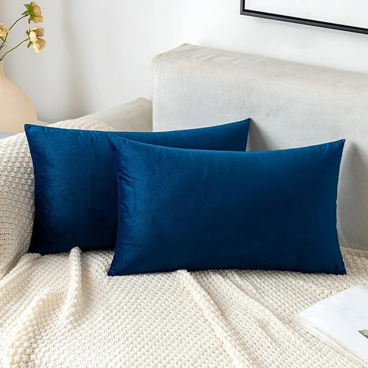 EMEMA Pack of 2 Velvet Throw Pillow Covers Decorative Rectangle Pillowcase Soft Solid Cushion Case for Sofa Bedroom Chair Car 12x20 Inch Dark Blue