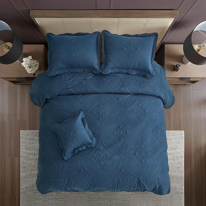 Oversized Bedspread - King Size Bedding Cover - Modern & Contemporary Coverlet Set, Real Stitching, Reversible, Lightweight, 5 Piece, Navy