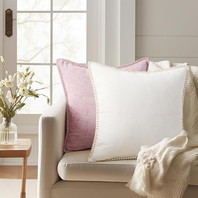 decorUhome Spring Chenille Soft Throw Pillow Covers 20x20 Set of 2, Farmhouse Velvet Neutral Decorative Pillow Covers with Stitched Edge for Couch Sofa Bed Home Decor, Cream White