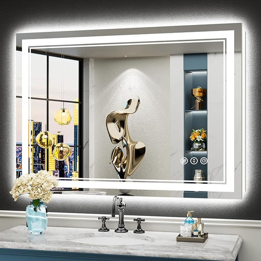 44x32 LED Bathroom Mirror with Lights, Backlit + Front Lit, Anti-Fog Lighted Vanity Mirror for Bathroom Wall with 3 Colors, Dimmable, Memory, Shatter-Proof Tempered Glass, Horizontal/Vertical