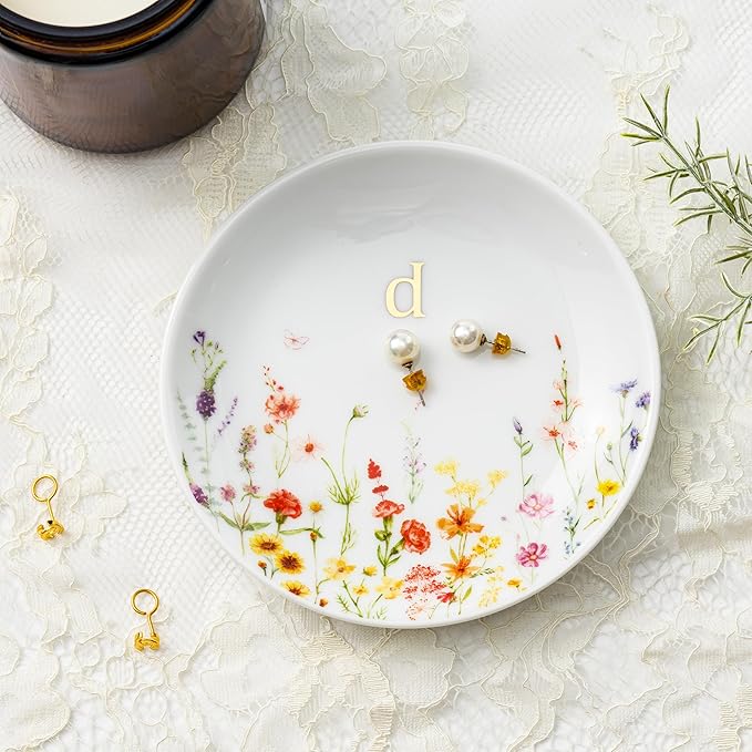 Crisky Initial Jewelry Tray Ring Dish & Gift Box, Ceramic Flower Trinket Dish for Rings Earrings Necklaces Keys, Bridal Shower Engagement Birthday Gift for Women, Friends 4.57" (Gold Foil D