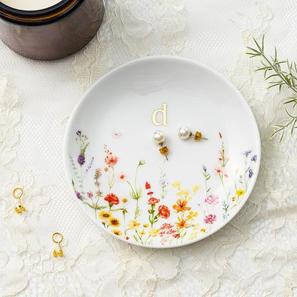 Crisky Initial Jewelry Tray Ring Dish & Gift Box, Ceramic Flower Trinket Dish for Rings Earrings Necklaces Keys, Bridal Shower Engagement Birthday Gift for Women, Friends 4.57" (Gold Foil D
