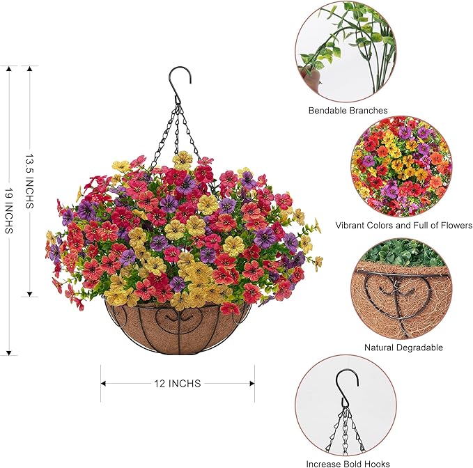 2 Set Artificial Faux Hanging Flowers Plants Basket for Outdoors Outside Spring Summer Decoration,2 Hanging Planters 24pcs Silk Fake Flowers UV Resistant Porch Patio Front Garden Home (4 Multicolor)