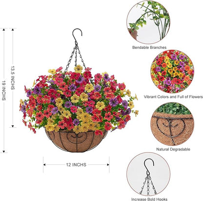 2 Set Artificial Faux Hanging Flowers Plants Basket for Outdoors Outside Spring Summer Decoration,2 Hanging Planters 24pcs Silk Fake Flowers UV Resistant Porch Patio Front Garden Home (4 Multicolor)