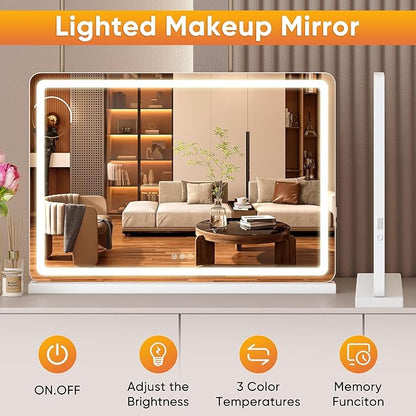 DUMOS 22"x32" LED Vanity Mirror with Lights, Dimmable 3 Color Modes Makeup Mirror with Memory Function, USB Charging, Aluminum Frame, Lighted Mirror for Desk or Bedroom