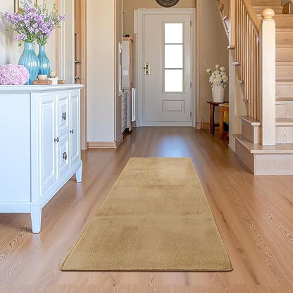 jinchan Solid Plush Runner Rug 2x5 Performance Shaggy Washable Hallway Rug Soft Modern Faux Wool Cozy Non Slip Carpet for Bedroom Laundry Room Living Room Kids Nursery Tan
