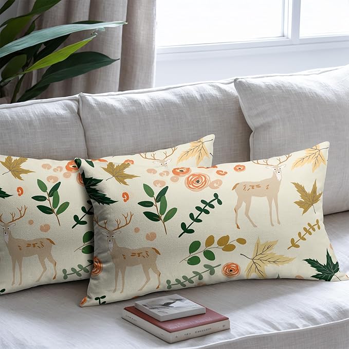 Deer Fall Pillow Covers 12x20 Set of 2 Green Cream Maple Leaf Autumn Outdoor Christmas Pillows Case Animal Print Pattern Decorative Xmas Cushion Cover Rustic Decoration Farmhouse Sofa Couch Bed Decor
