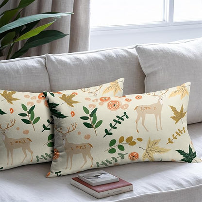 Deer Fall Pillow Covers 12x20 Set of 2 Green Cream Maple Leaf Autumn Outdoor Christmas Pillows Case Animal Print Pattern Decorative Xmas Cushion Cover Rustic Decoration Farmhouse Sofa Couch Bed Decor