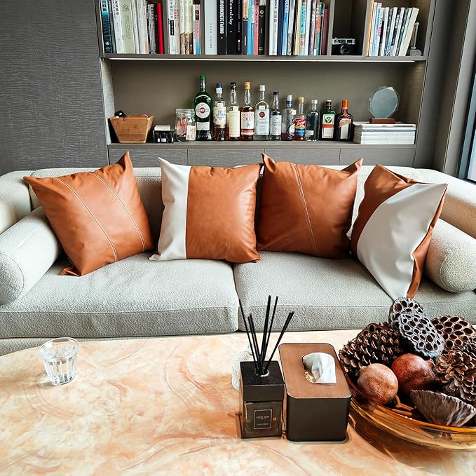 Faux Leather Throw Pillow Covers 18X18 Inch Outdoor Modern Farmhouse Solid Decorative Pillow Covers for Room Couch Living Bedroom Bed Sofa White&Brown Splicing