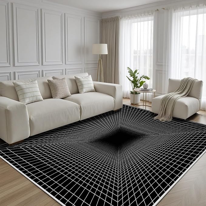 Optical Illusion Rug - Washable Rugs 5x7, Abstract Geometric Lines Soft Neutral Indoor Floor Mats Plaid Carpet, Non-Slip Stain Resistant Modern Black Rug for Bedroom, Living Room Rugs