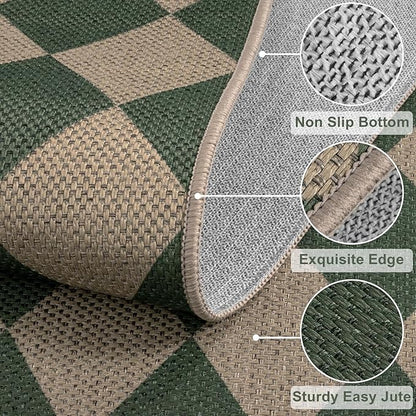 Easy Jute Checkered Runner Rug, 2x6 Green Modern Washable Rugs Runner for Hallway Non-Slip Long Kitchen Rug, Geometric Diamond Indoor Outdoor Carpet for Porch Laundry Entryway