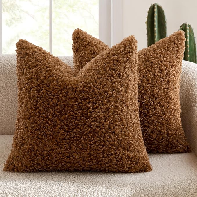 MIULEE Pack of 2 Faux Fur Throw Pillow Covers 18x18 Inch Bronze Boucle Decorative Sherpa Pillow Covers Fuzzy Accent Soft Sheepskin Fleece for Boho Home Decor Sofa Living Room Couch Bed