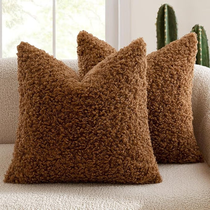 MIULEE Pack of 2 Faux Fur Throw Pillow Covers 18x18 Inch Bronze Boucle Decorative Sherpa Pillow Covers Fuzzy Accent Soft Sheepskin Fleece for Boho Home Decor Sofa Living Room Couch Bed