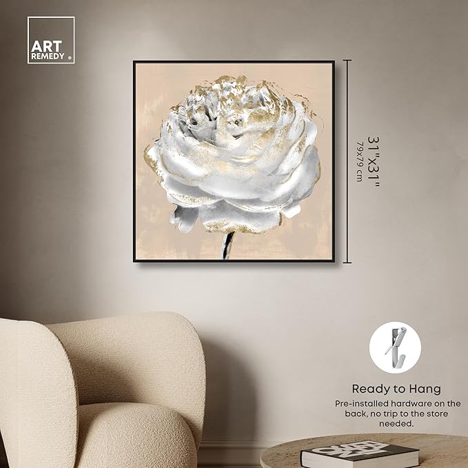 Art Remedy Beige Ranunculus Canvas Elegant White Gold Wall Art, Black Frame, 30" x 30"