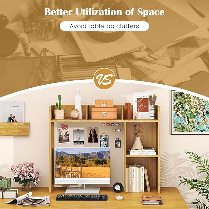 Desktop Bookshelf, 3-Tier Wood Countertop Bookcase with 5 Shelves, Desk Hutch for College Dorm, Multipurpose Desk Organizer Shelf Display Rack for Home Office, Hutch Top Only