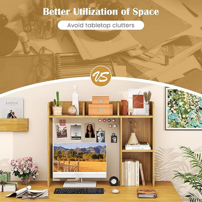 Desktop Bookshelf, 3-Tier Wood Countertop Bookcase with 5 Shelves, Desk Hutch for College Dorm, Multipurpose Desk Organizer Shelf Display Rack for Home Office, Hutch Top Only