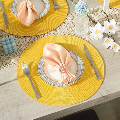 AHHFSMEI Round Braided Placemats 15 Inch Round Table Mats for Dining Tables Natural Woven Heat Resistant Place mats Set of 8 (Yellow,8)