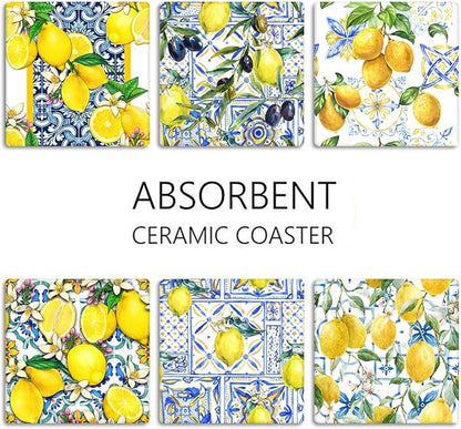 Coasters for Drinks Set of 6, Yellow Lemon Fruit Blue Ceramic Tiles Pattern Absorbent Square Ceramic Stone Mat, with Cork Base and Metal Holder, Gift for Housewarming Room Bar Decor