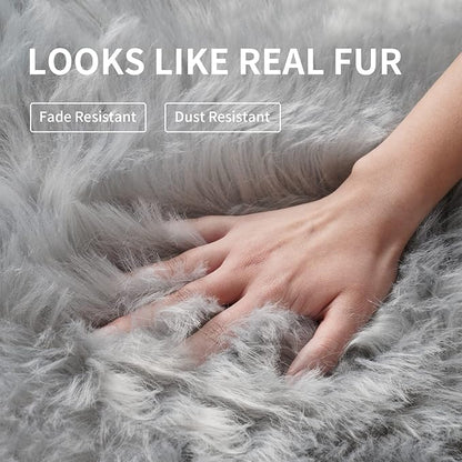 Fluffy Round Rug for Kids Room Grey Circle Faux Fur Area Rug for Bedroom, 4x4 Fuzzy Shag Rugs Furry Nursery Rug Teepee Mat, Gray Circular Plush Floor Carpet