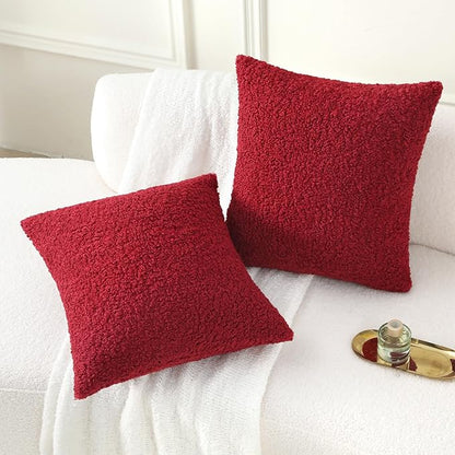 FUTEI Christmas Maroon Red Throw Pillow Covers 16x16 Inch Set of 2,Furry Faux Fur Teddy Boucle Textured Cushion Covers,Soft Fluffy Decorative Pillow Case,Home Decor for Couch Bed Living Room Car