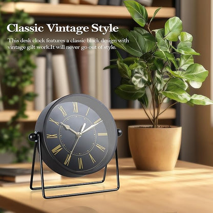 AYRELY® Vintage Black Metal Desk Clock,Battery Operated Mantel Clocks, Decorative Table Clocks with Adjustable Angle for Fireplace Farmhouse Shelf Living Room Décor (Black/Gold)