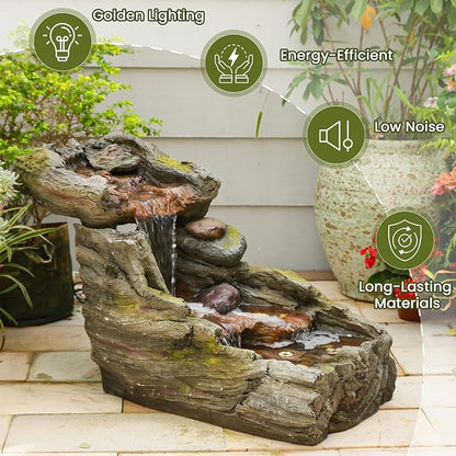 23.62" L Outdoor Water Fountain with 3 Tiers Cascading Realistic Tree Trunk Waterfall Fountains with LED Lights Outdoor Water Fountain for Garden Patio Backyard Porch Home Decor