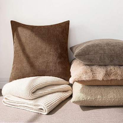 MIULEE Pack of 2 Decorative Throw Pillow Covers Soft Chenille Throw Pillows Solid Neutral Farmhouse Textured Cushion Covers for Couch Sofa Bedroom Living Room 18x18 Inch,Honey Brown