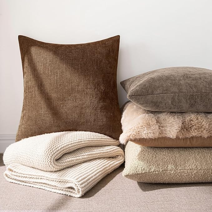 MIULEE Pack of 2 Decorative Throw Pillow Covers Soft Chenille Throw Pillows Solid Neutral Farmhouse Textured Cushion Covers for Couch Sofa Bedroom Living Room 22x22 Inch,Honey Brown