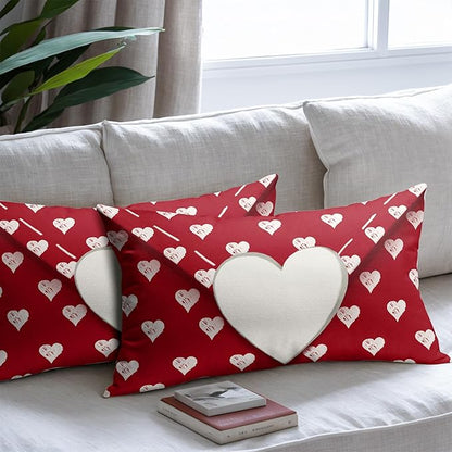 Valentines Day Pillow Covers 12x20 Set of 2 White Red Heart Throw Pillow Covers Love Pillowcase Linen Decoration Farmhouse Holiday Cozy Soft Cushion Case Couch for Indoor Outdoor Home Decor