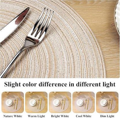 SHACOS 15 inch Beige Round Placemats Set of 12 for Dining Table Woven Braided Circle Place Mats Kitchen Placemat Washable Table Mats