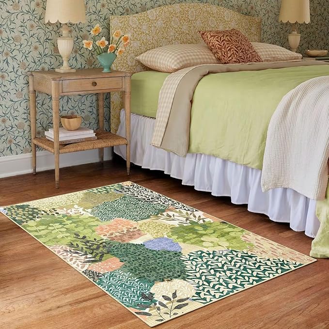 DEXDE 2x3 Area Rug, Small Boho Rugs Entryway Doormat Indoor Machine Washable Non-Slip Abstract Botanical Leaves Floral Print Floor Carpet for Living Room, Bedroom, Office, Kids Playroom,Green